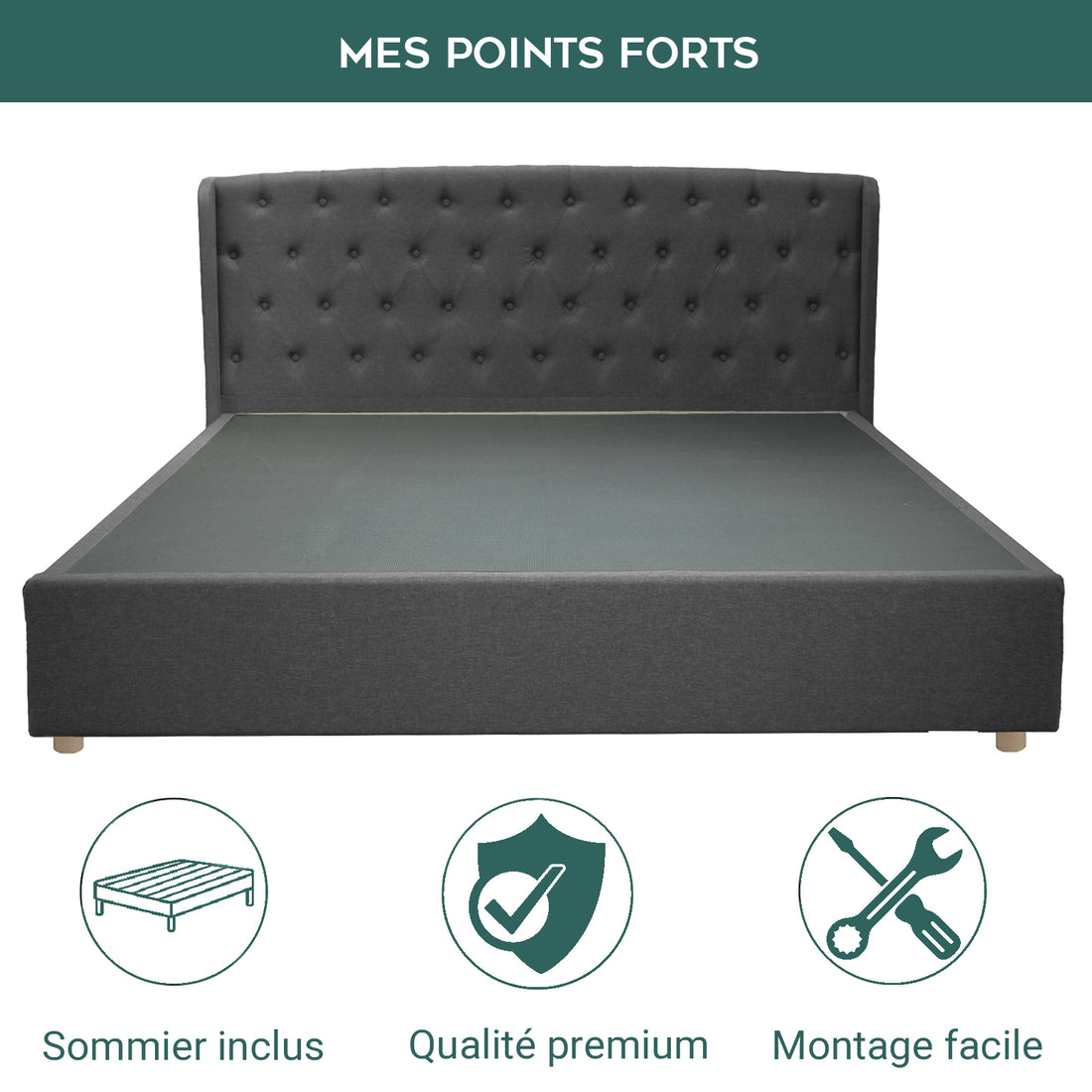 Lit capitonné Clémentine : tissu ou simili cuir et sommier à lattes en bois