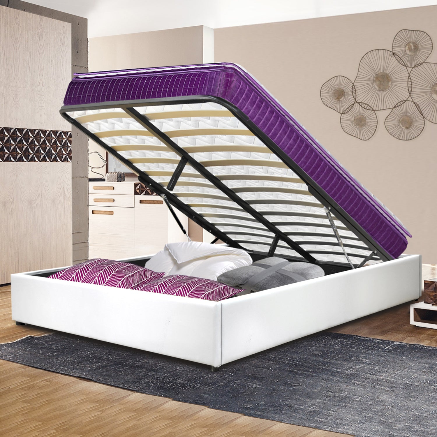 Vegas Bett mit Stauraum: Untergestell aus Kunstleder oder Stoff mit flexiblen Latten